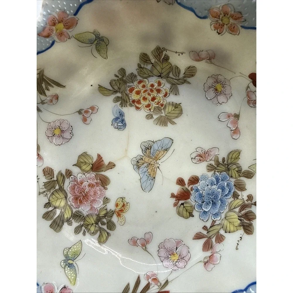 Vintage D&M NY Asian Style Porcelain Satsuma Cabbage Bowl Stamped Scalloped